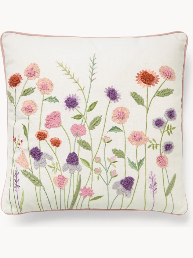 Cuscino in slub di cotone con ricamo fiorellini 45x45cm - Prezzo di lancio