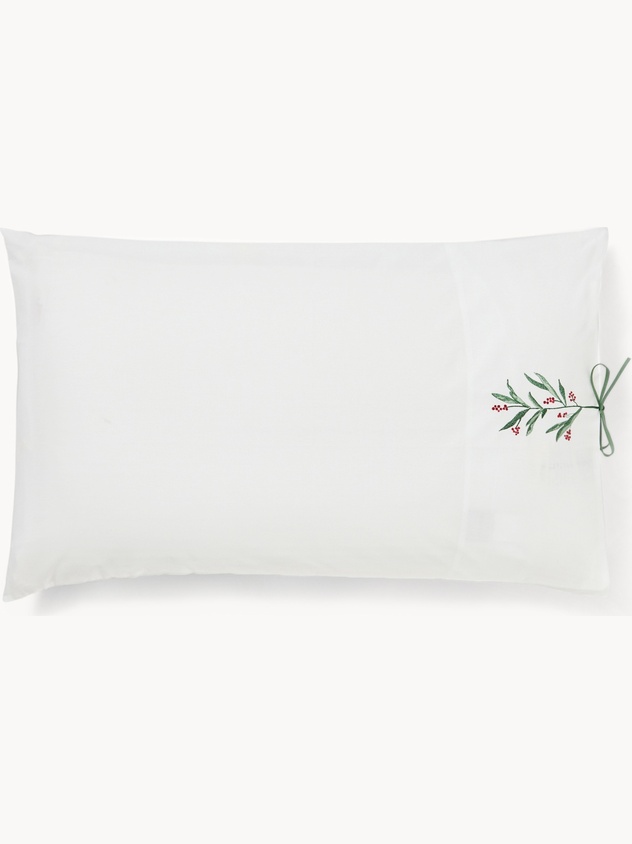 Embroidered cotton percale pillowcase