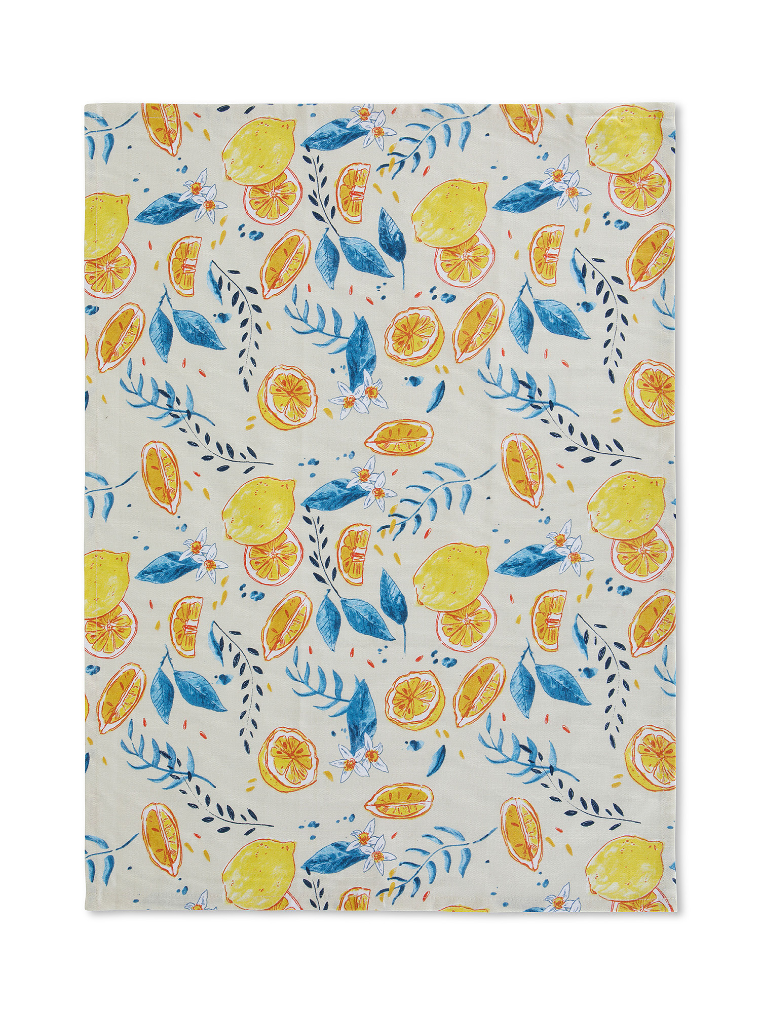 Set of 3 cotton tea towels with lemon print and solid color, Yellow, large image number 2