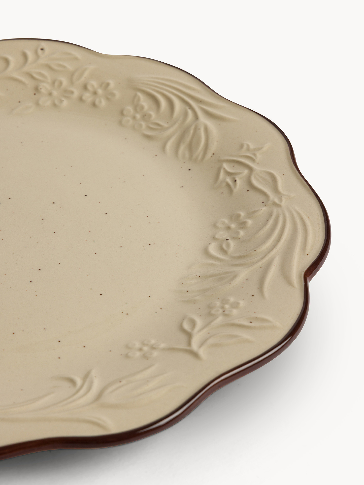Piatto piano in stoneware con filo marrone, Beige chiaro, large image number 1