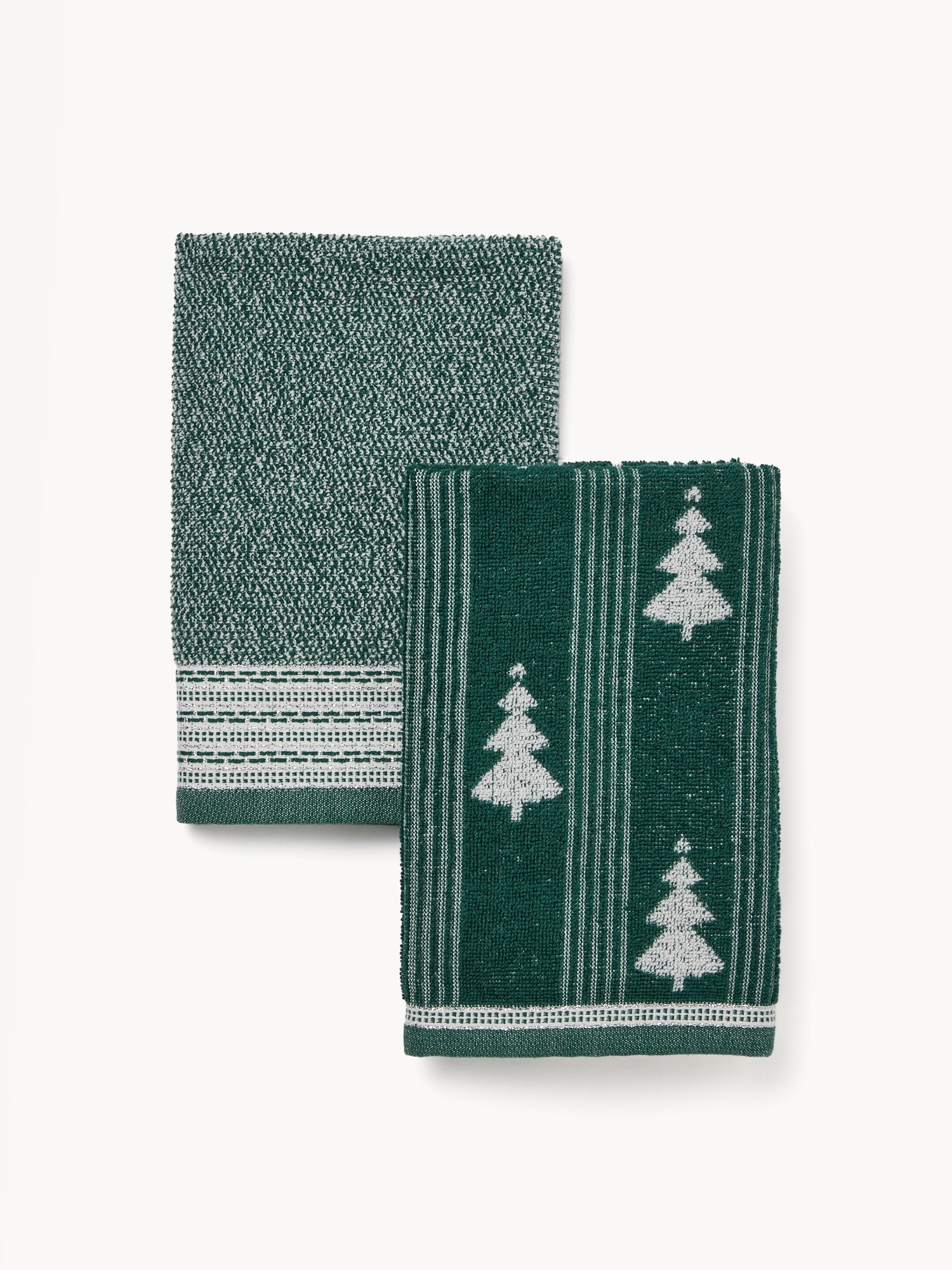 Set di 2 strofinacci in spugna di puro cotone trama jacquard natalizia., Verde, large image number 0