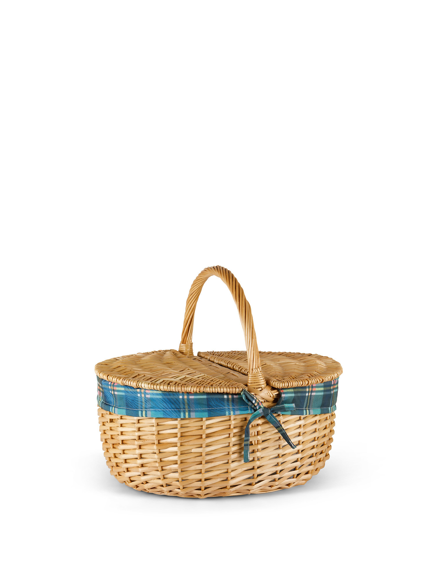 Picnic basket in wood and tartan fabric, Blue, large image number 0