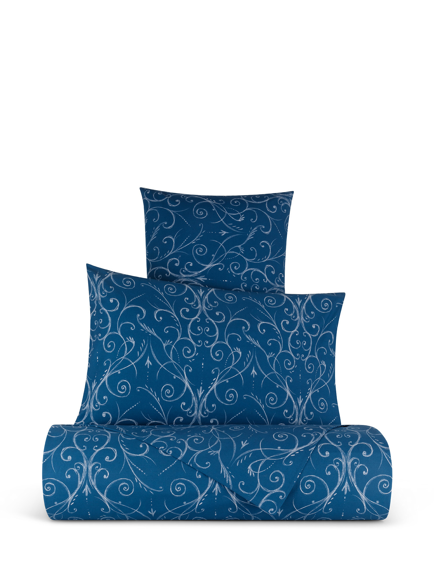 Parure lenzuolo cotone percalle motivo ornamentale, Blu, large