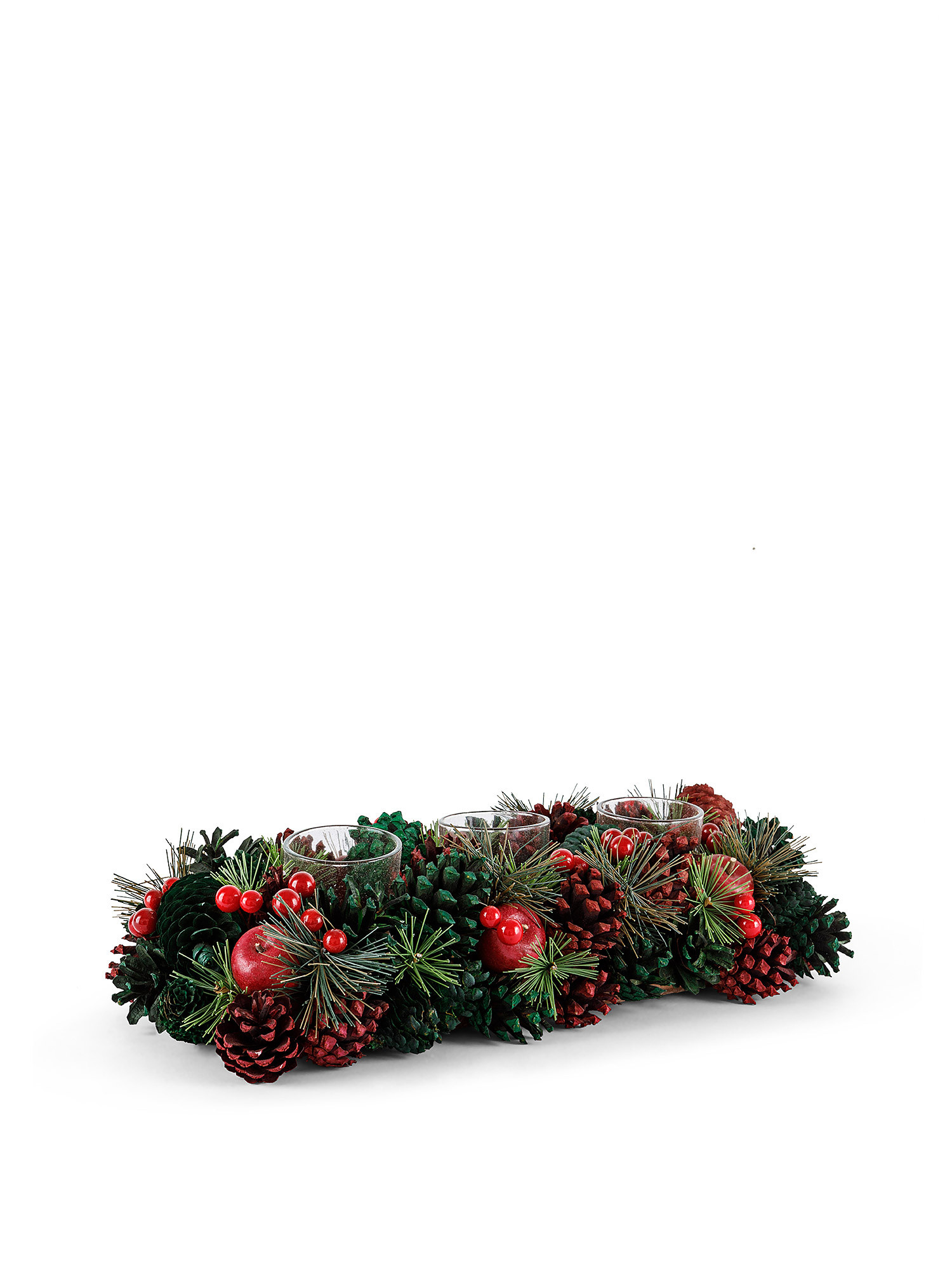 Glass votive centerpiece with pine cones and apples, Red, large image number 0