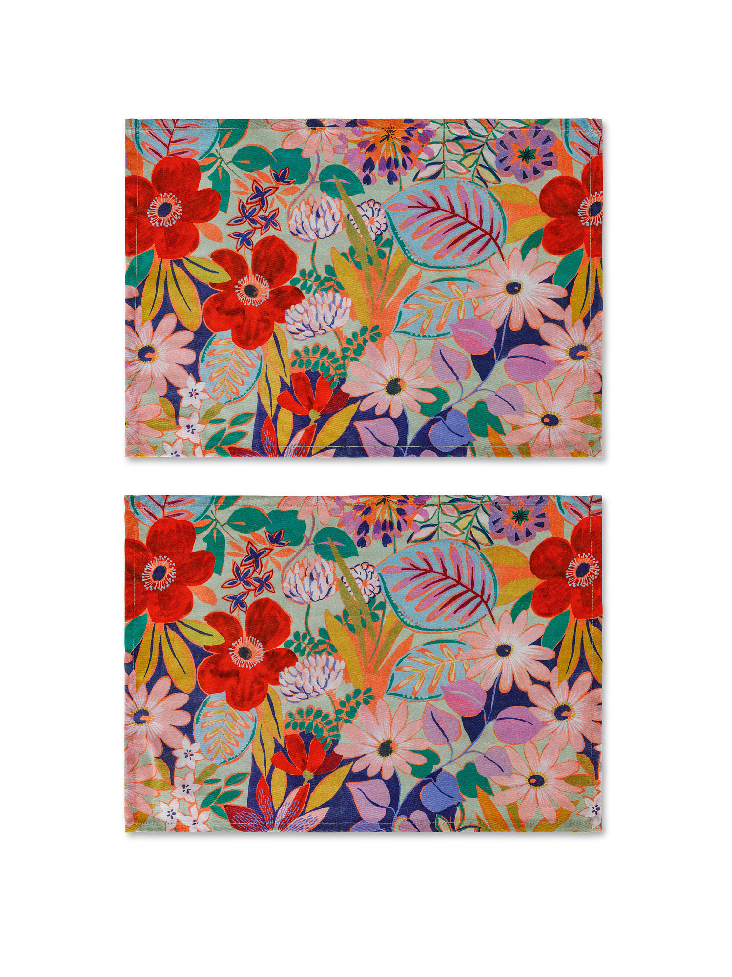 Set of 2 panama placemats in cotton floral print, Multicolor, large image number 0