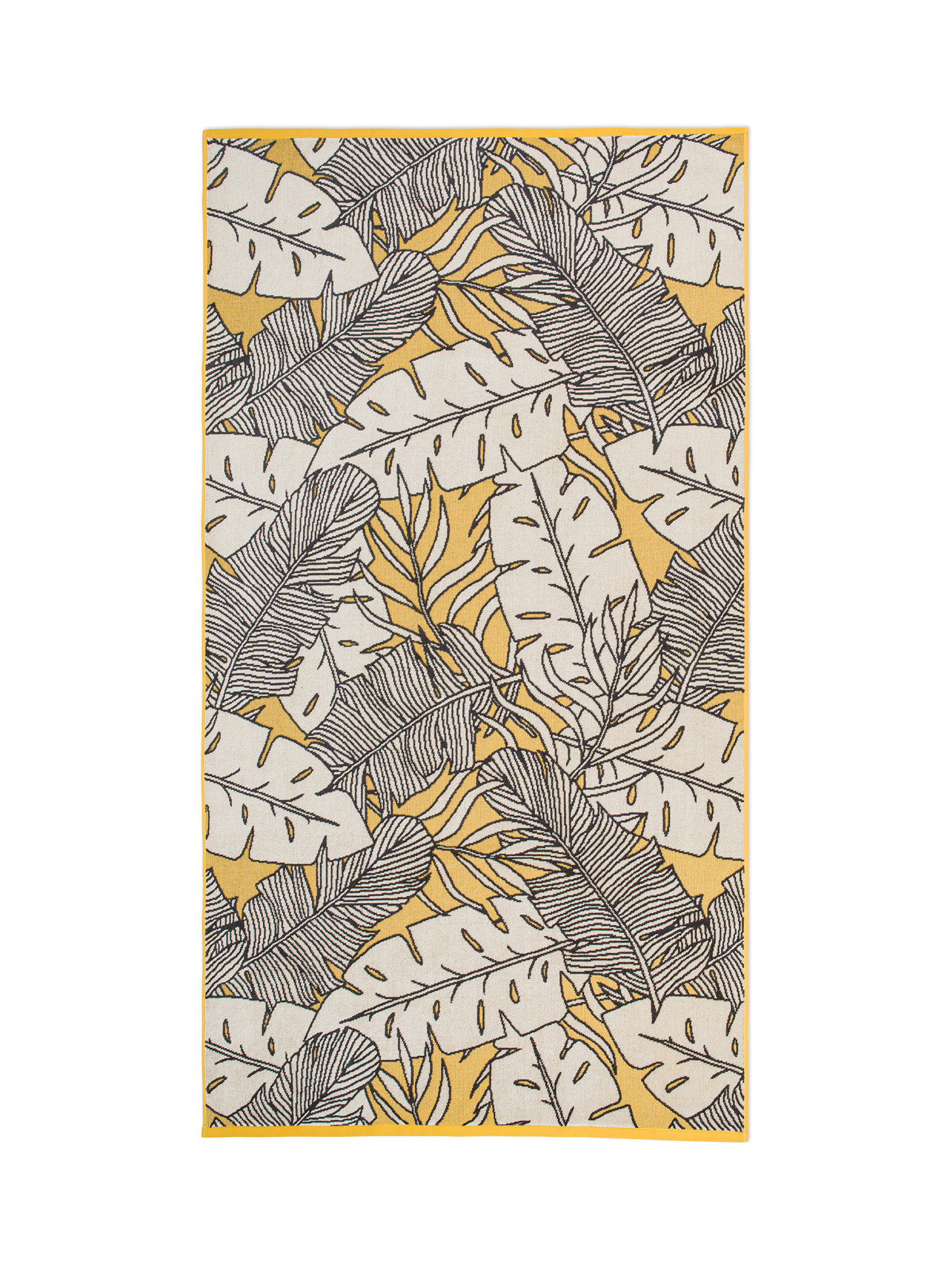 Beach towel in velor cotton terry with tropical leaves motif, Ocra Yellow, large image number 0