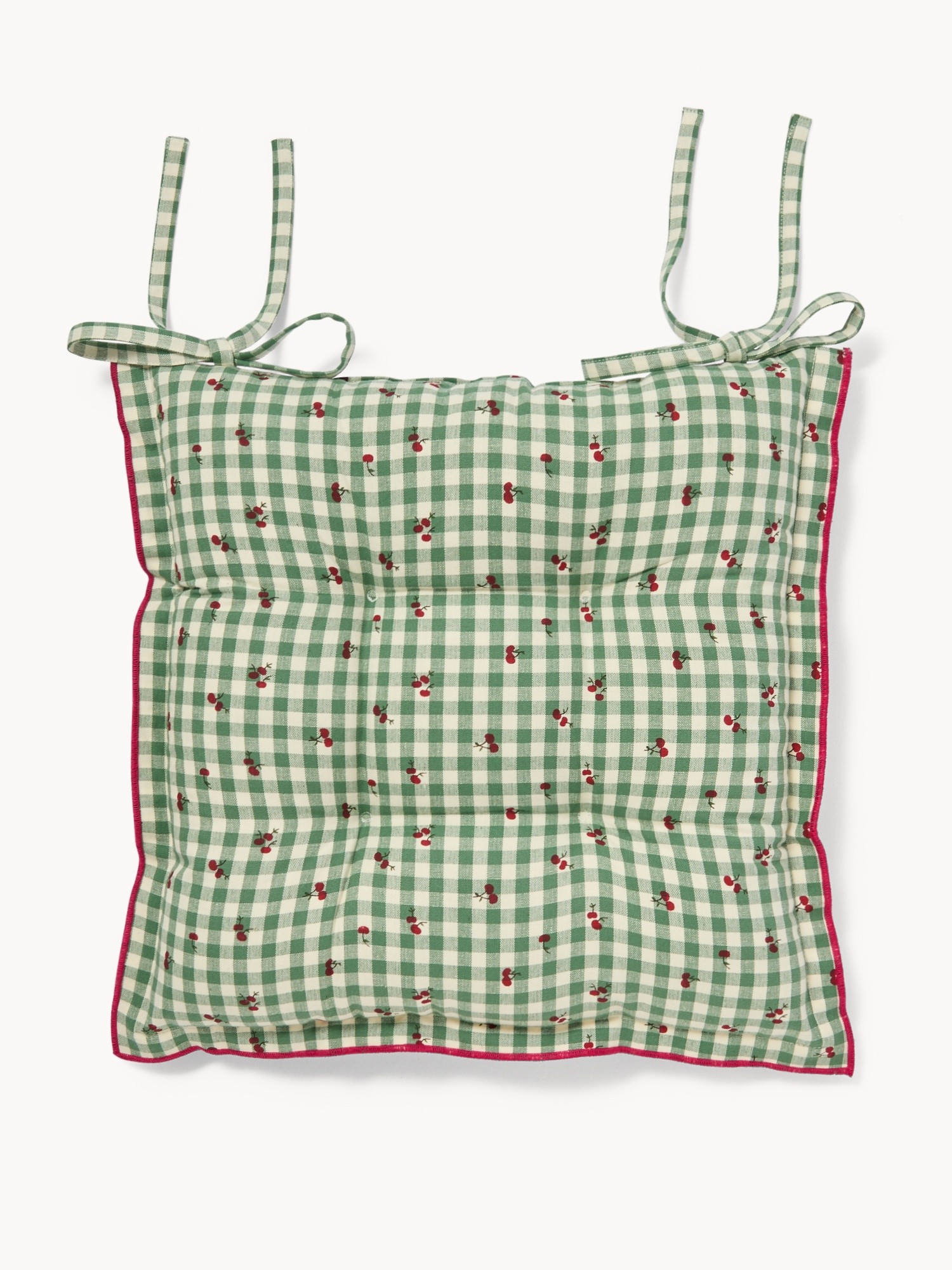 Cuscino da sedia in puro cotone tinto filo vichy con stampa ciliegie e piping - Prezzo di lancio, Verde, large image number 0