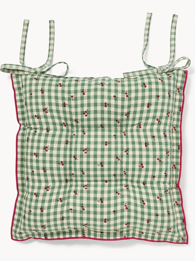 Cuscino da sedia in puro cotone tinto filo vichy con stampa ciliegie e piping - Prezzo di lancio