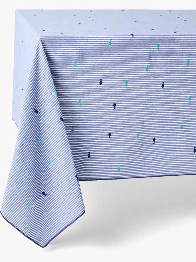 Tovaglia in cotone a righe ricamo pesciolini