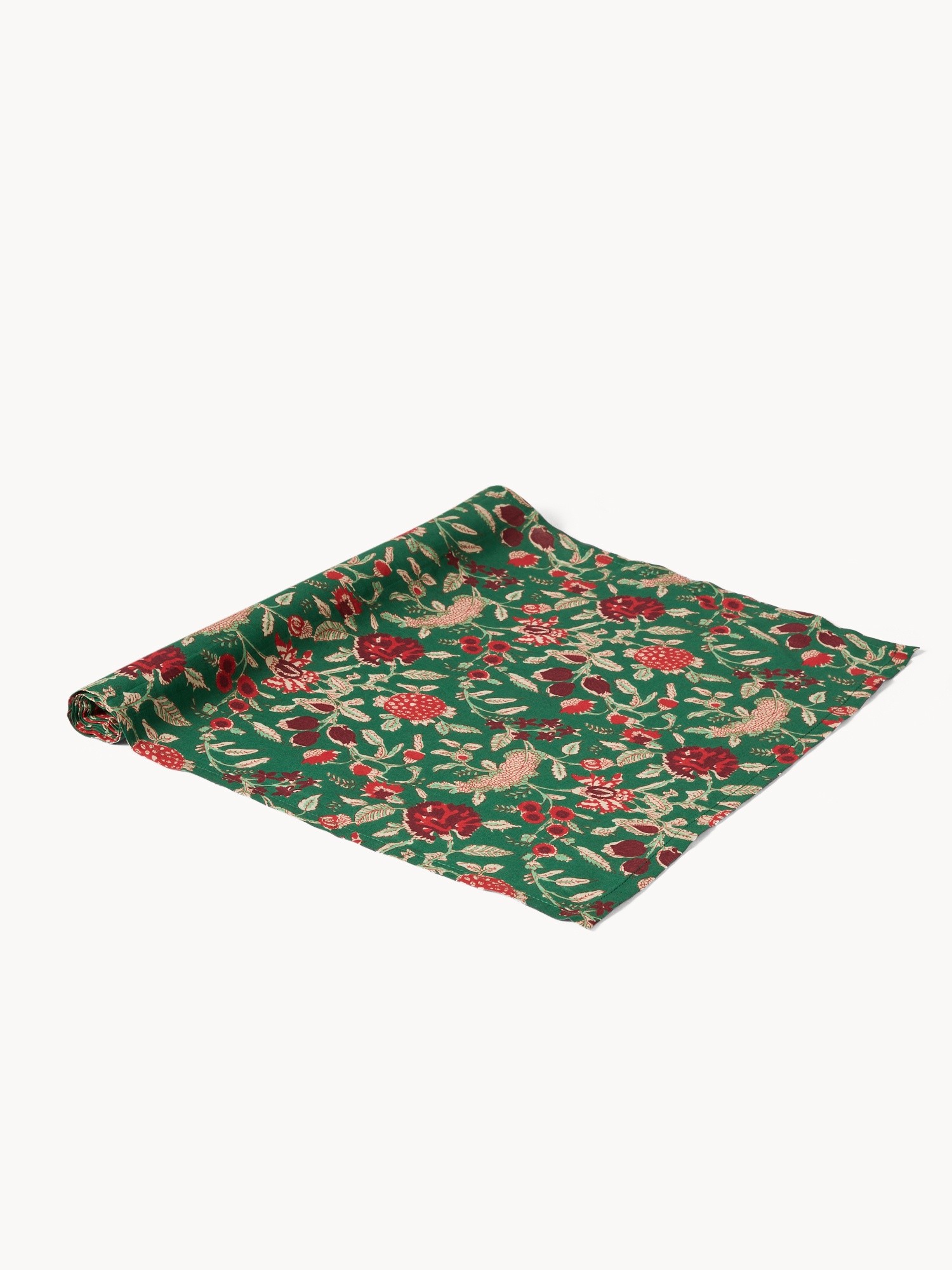 Runner in voile di cotone con stampa block print, Verde, large image number 0