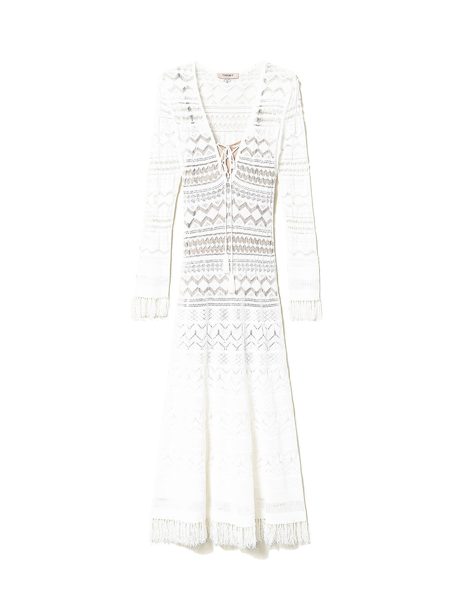 Long dress in lace stitch with fringes, White, large image number 0