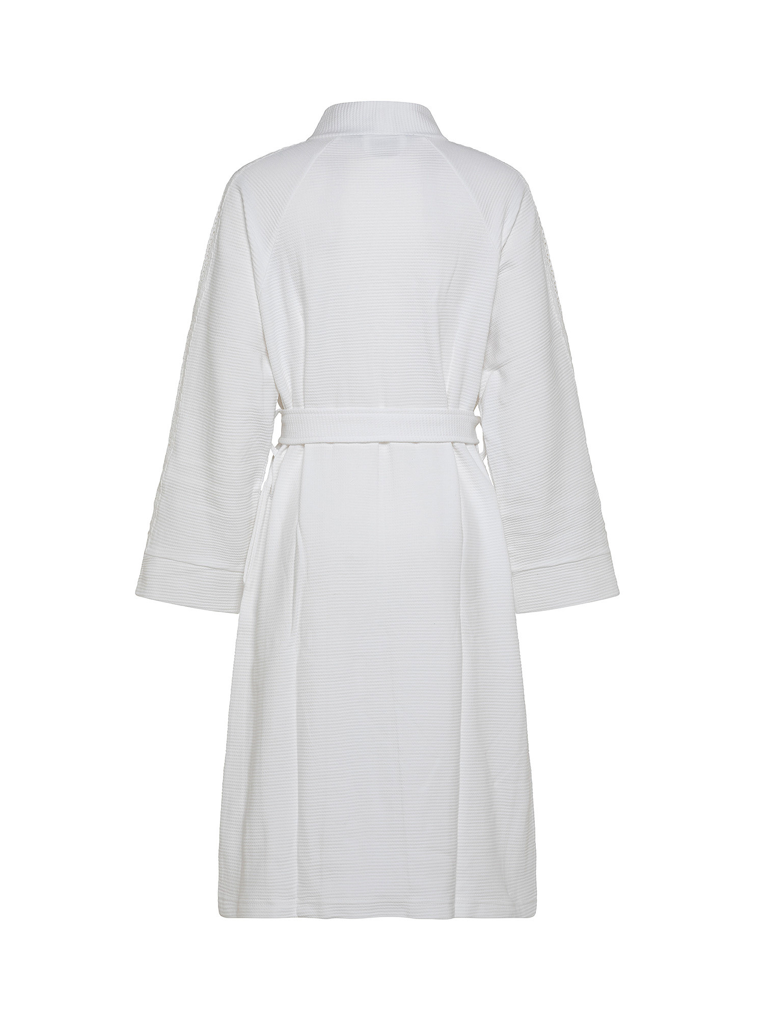 Cotton pique bathrobe with lace inserts, White, large image number 1