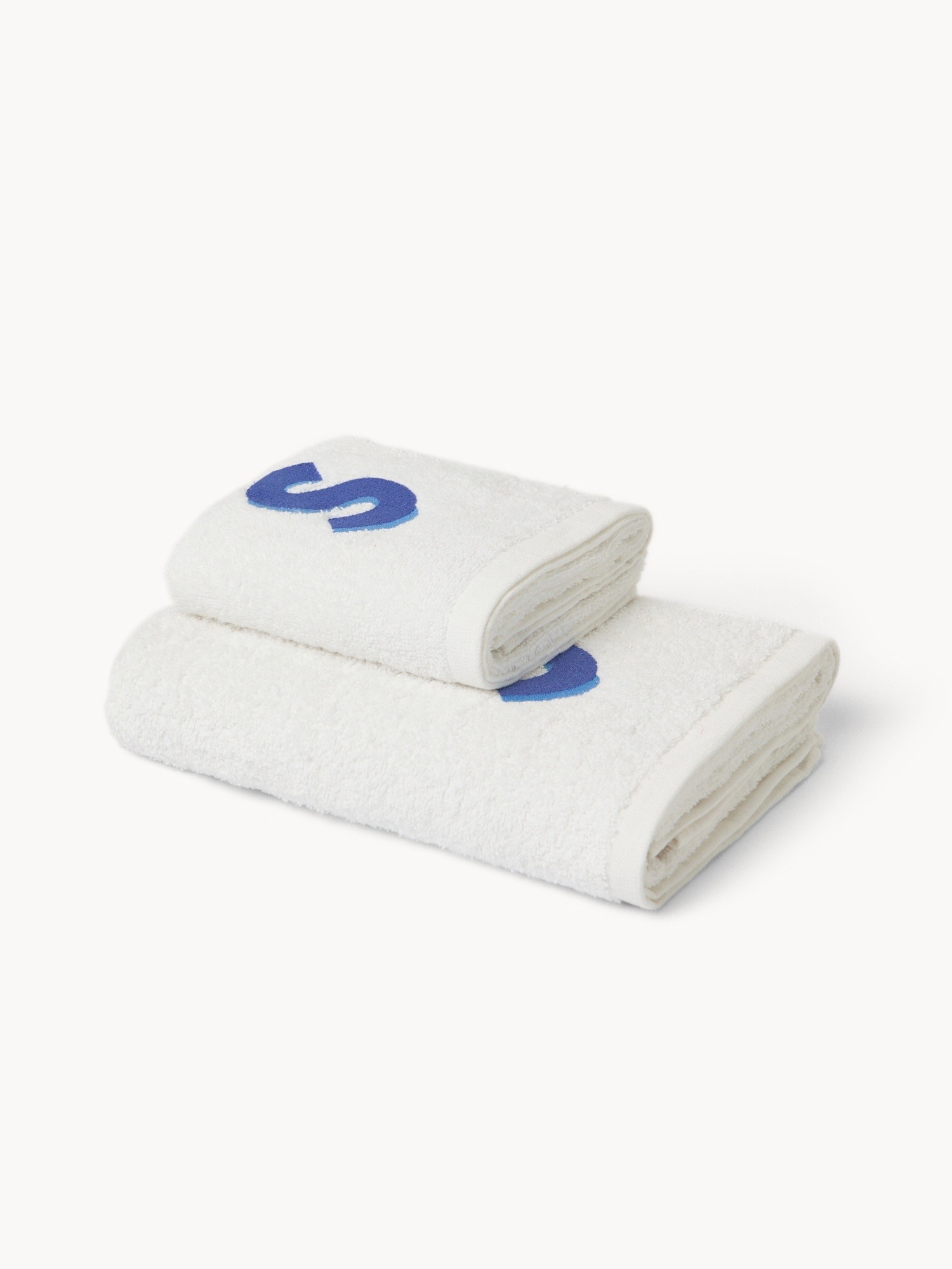 Set 2 asciugamani in spugna di cotone ricamo lettera S, Bianco, large image number 0