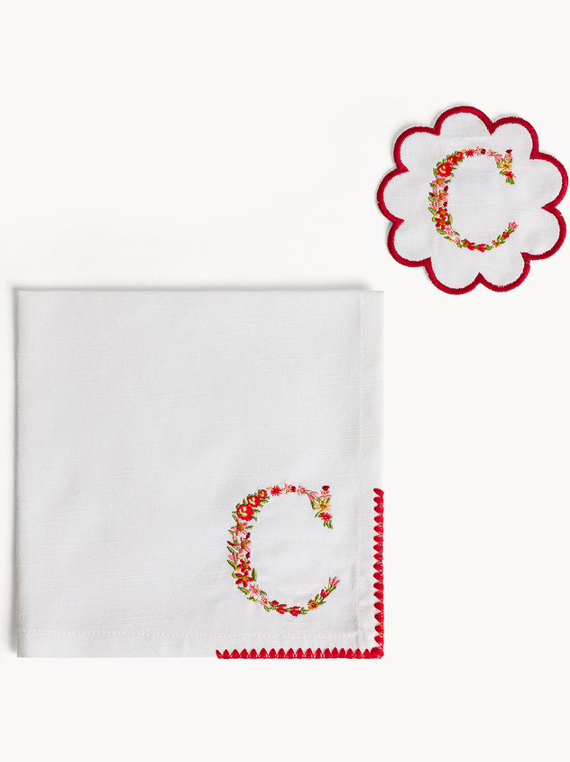 Napkin and coaster set with embroidered letter C