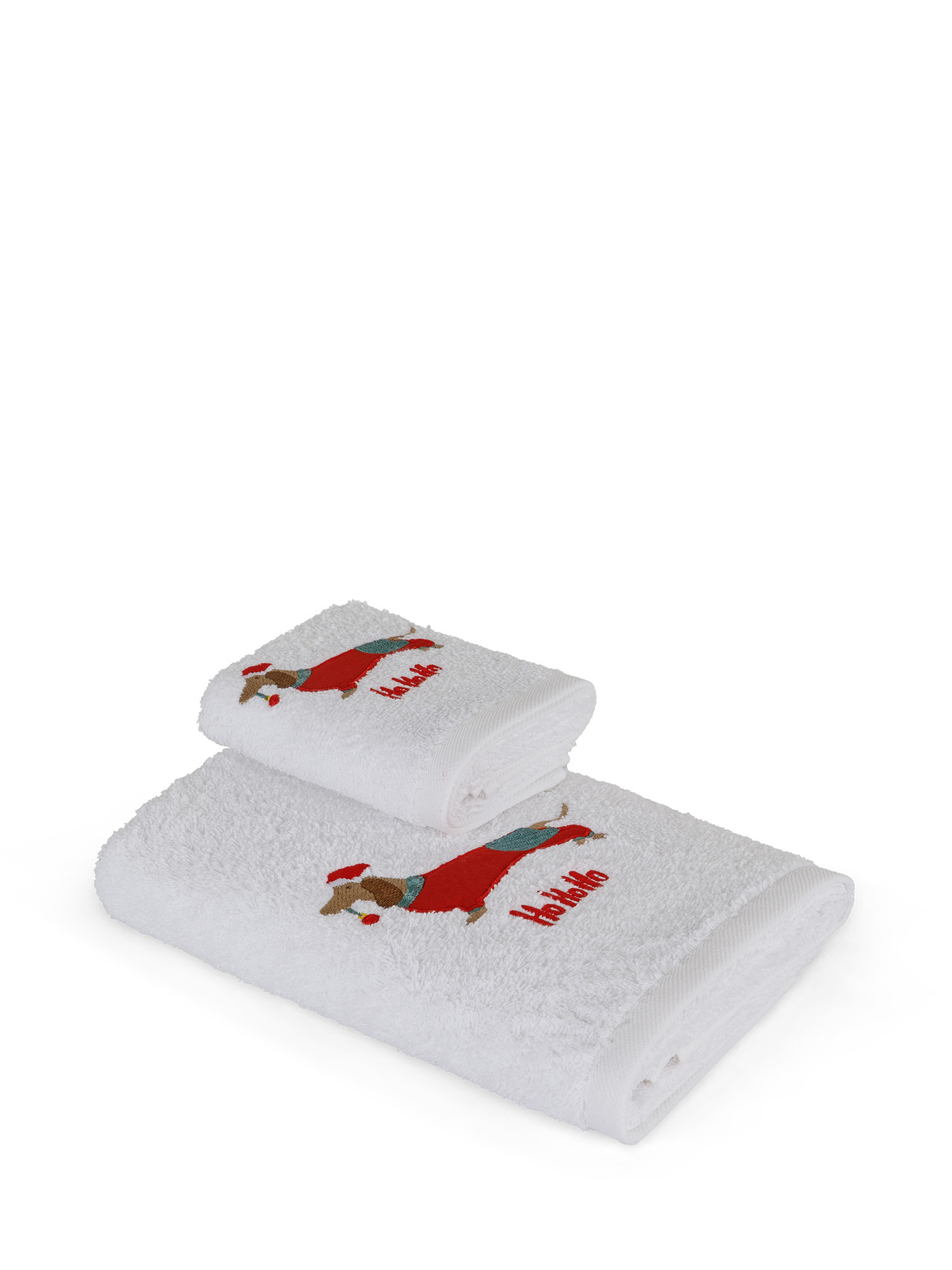 Set 2 asciugamani ricamo bassotto, Bianco, large image number 1