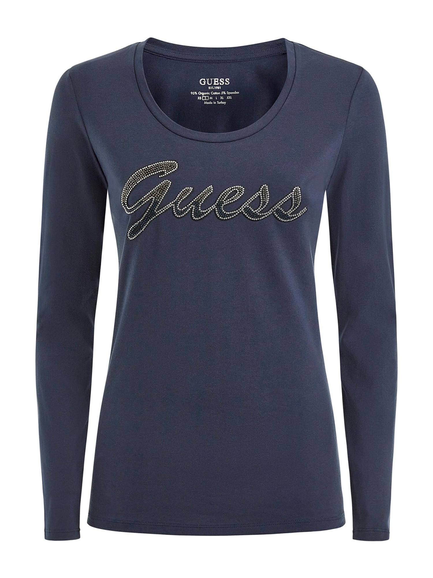Guess - T-shirt con logo con strass slim fit, Blu scuro, large image number 0