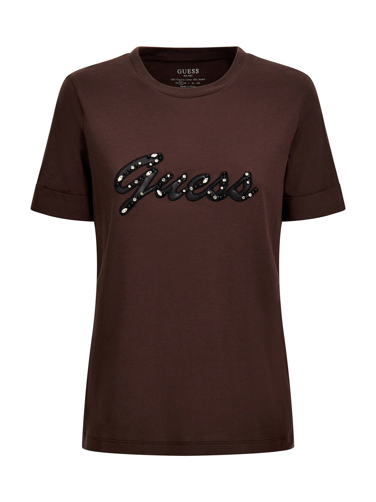 T-shirt logo in similpelle con strass, Marrone, large image number 0