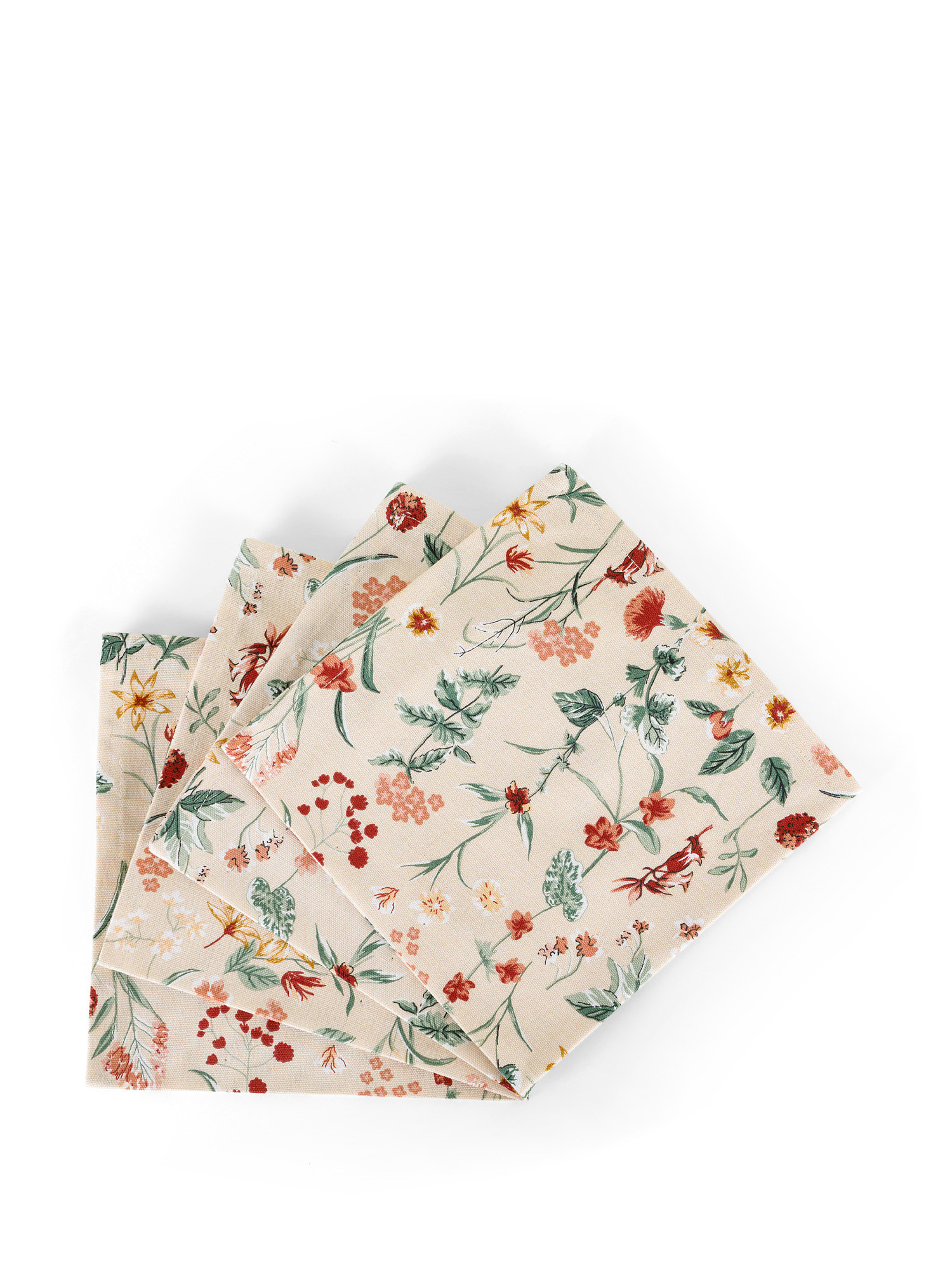 Set of 4 napkins in 100% cotton with floral print, Beige, large image number 0