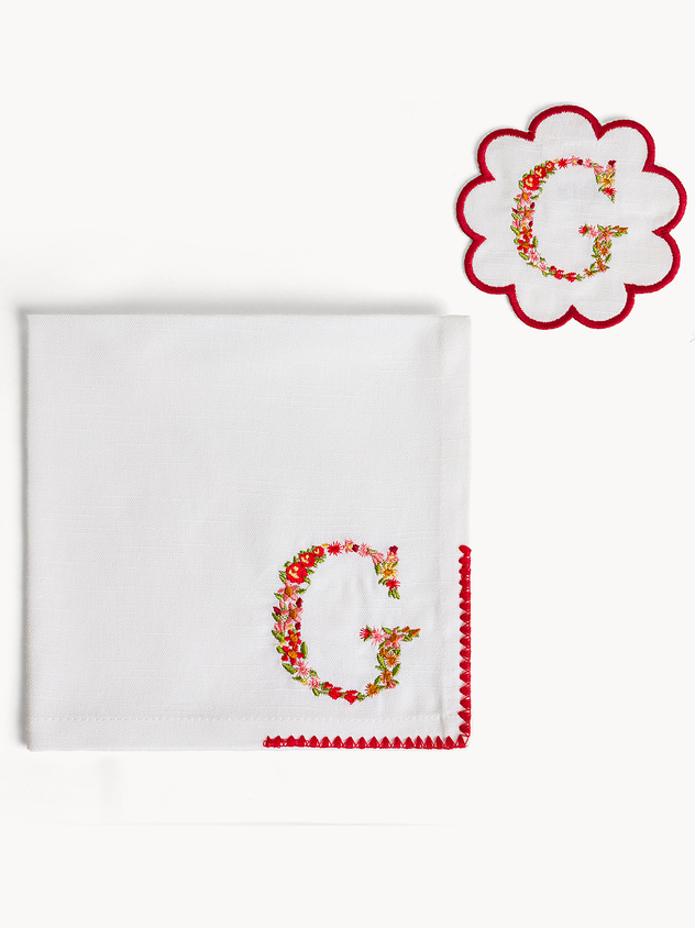 Napkin and coaster set with embroidered letter G