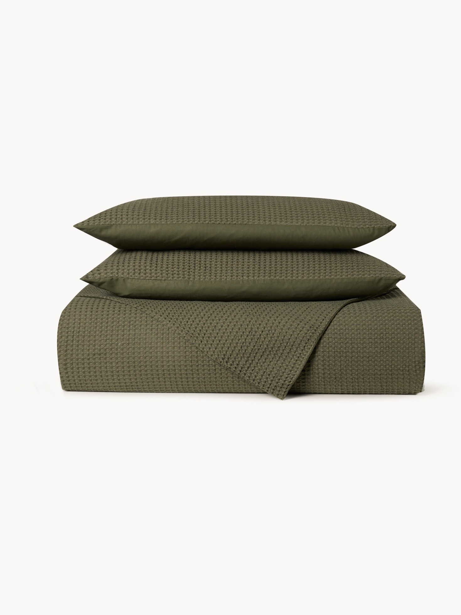 Pure washed cotton waffle-weave duvet cover, Olive Green, large image number 0