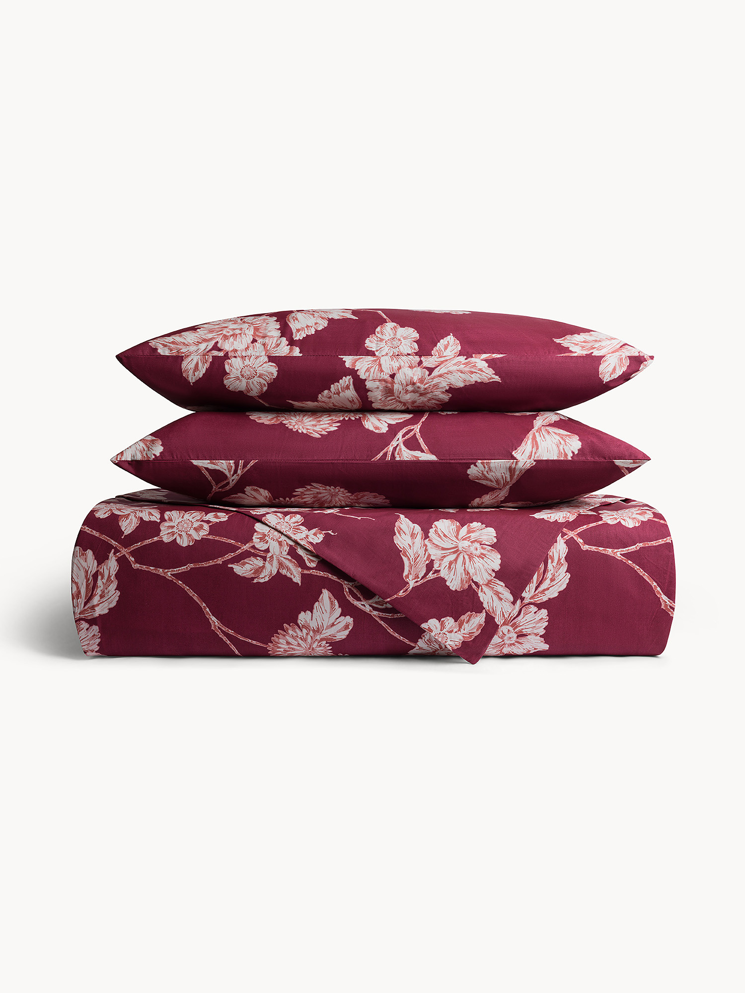 Federa in cotone percalle stampata floreale, Rosso bordeaux, large image number 1