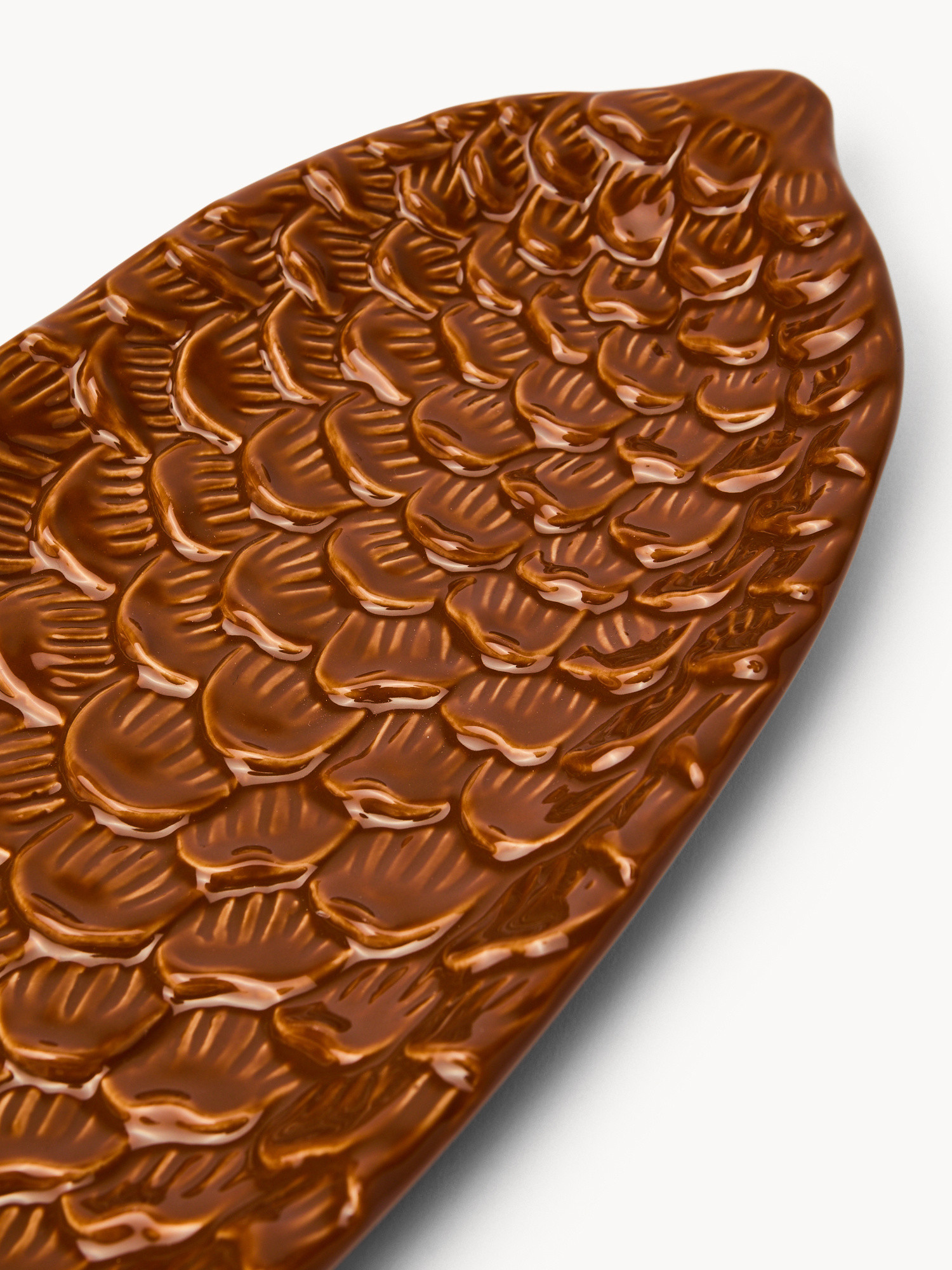 Oval ceramic plate with pine cone motif, Brown, large image number 1