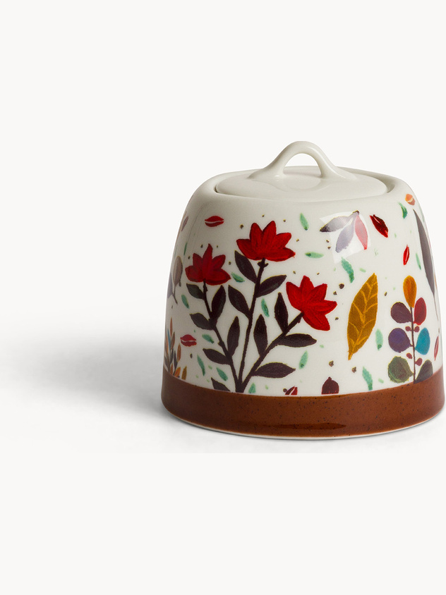 Leaf-patterned stoneware sugar bowl