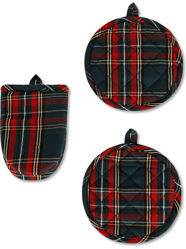 Set 2 presine e guanto da cucina twill di cotone tartan