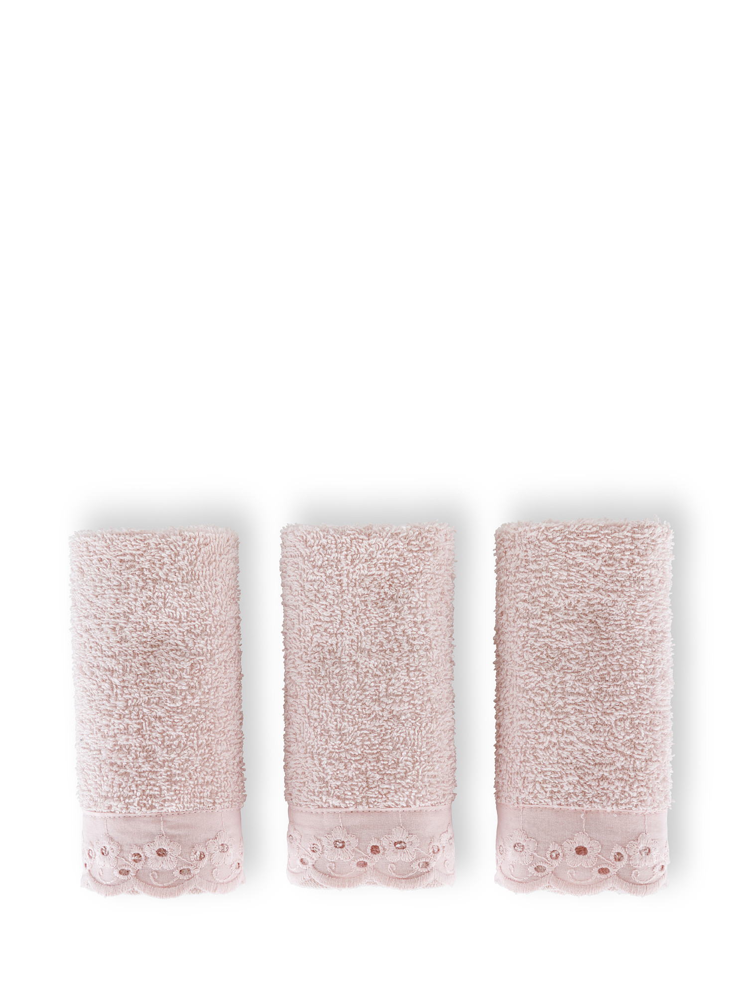 Set  3 lavette spugna di cotone bordo sangallo, Rosa chiaro, large image number 0