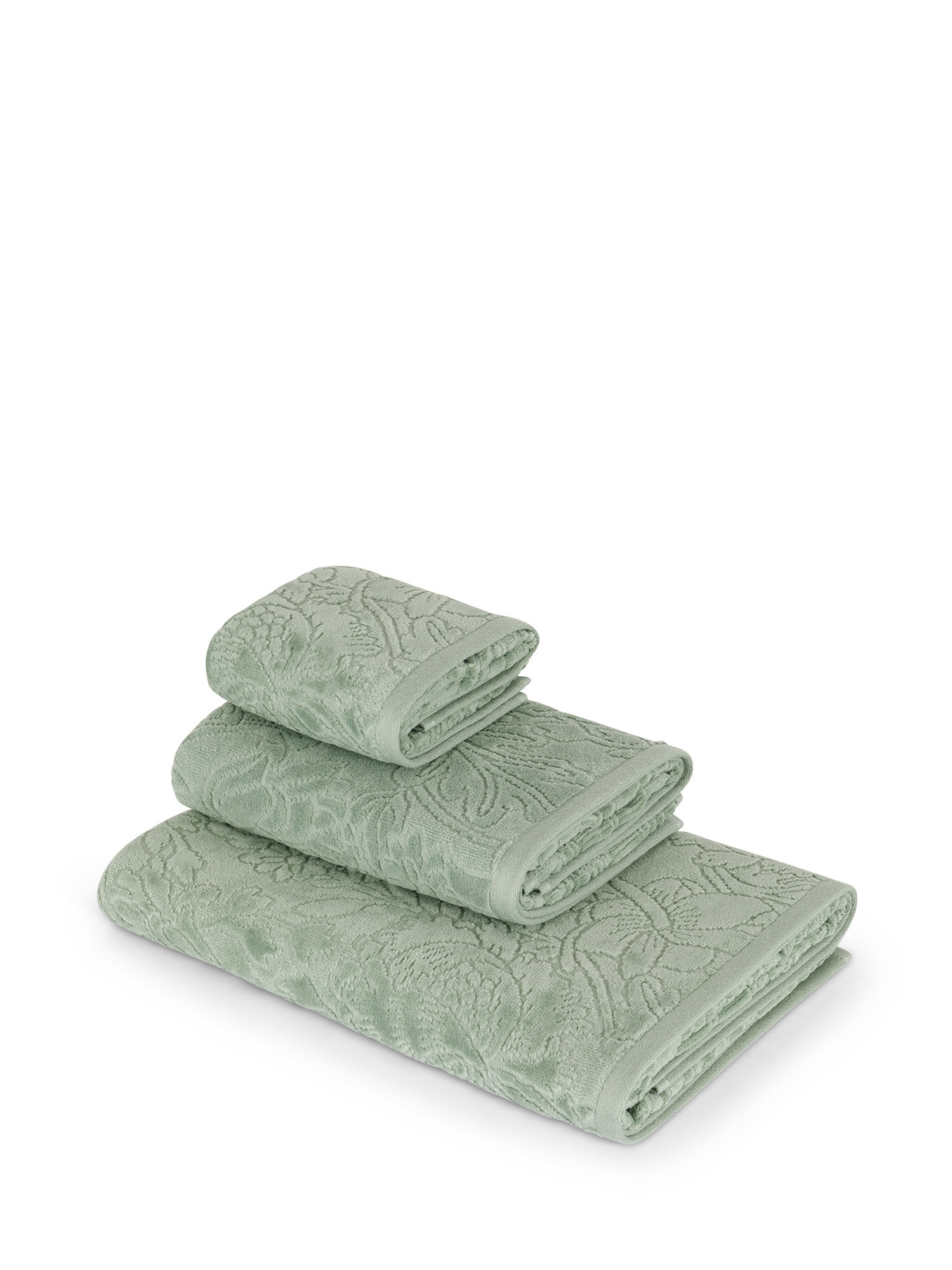 Solid color pure cotton velour towel with flower pattern, Green, large image number 0