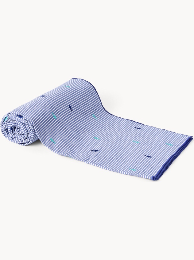 Yarn-dyed cotton throw with striped fish embroidery