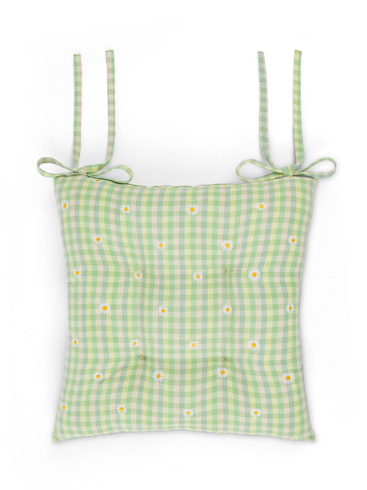 Chair cushion in 100% cotton with gingham motif and daisies embroidery, Green, large image number 0