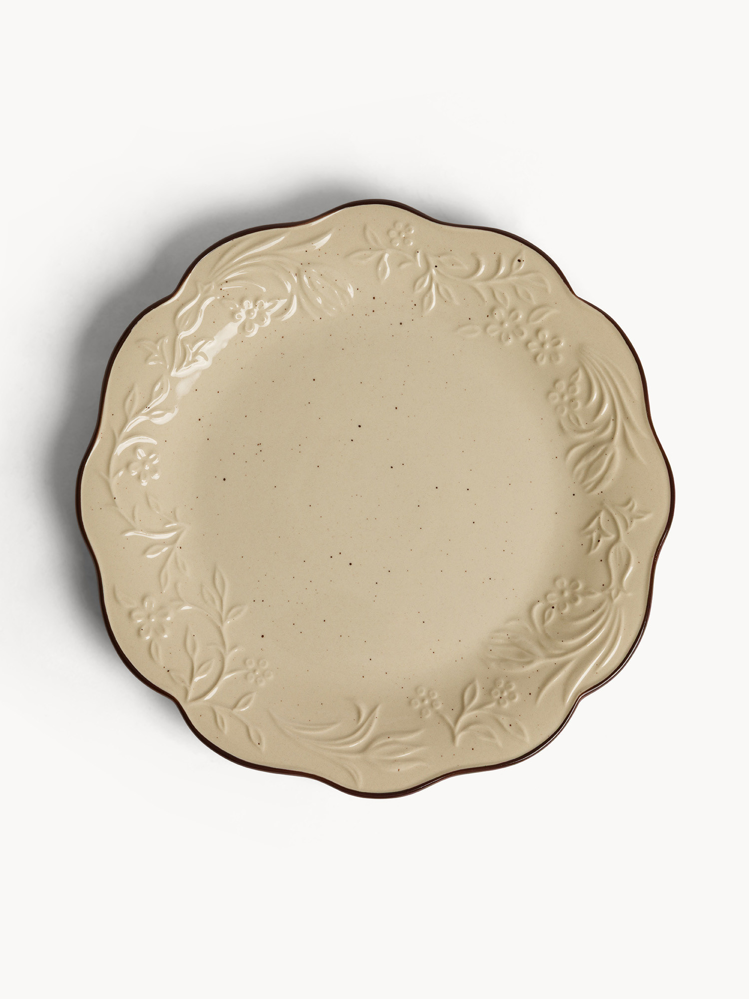 Piatto piano in stoneware con filo marrone, Beige chiaro, large image number 0