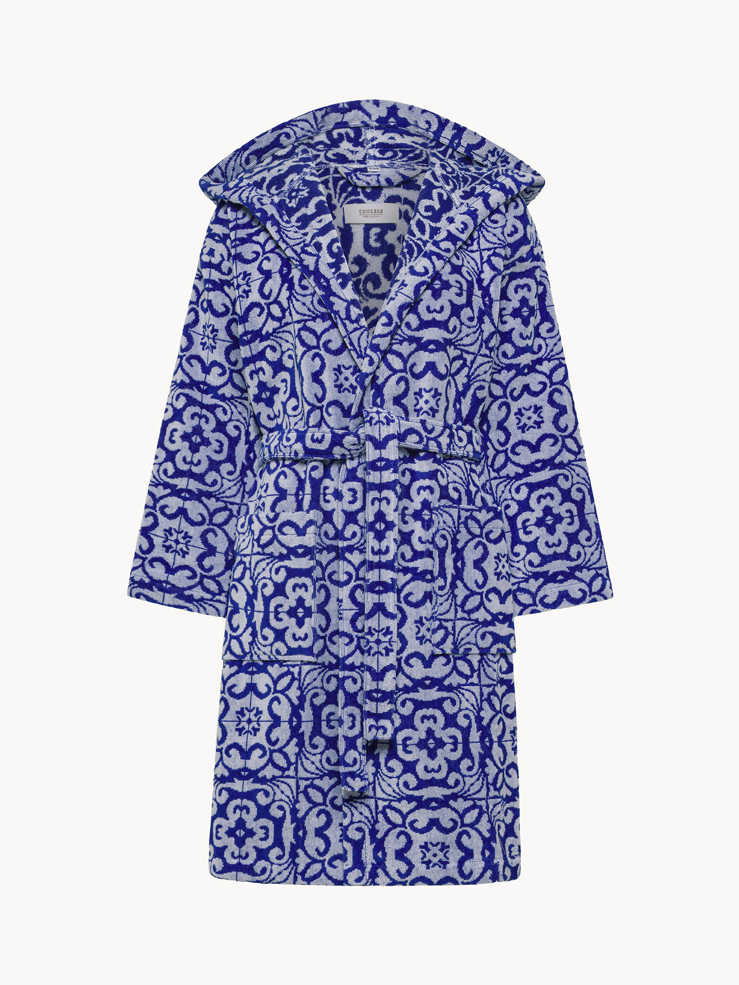 Accappatoio in cotone velour fantasia azulejos, Blu, large image number 0