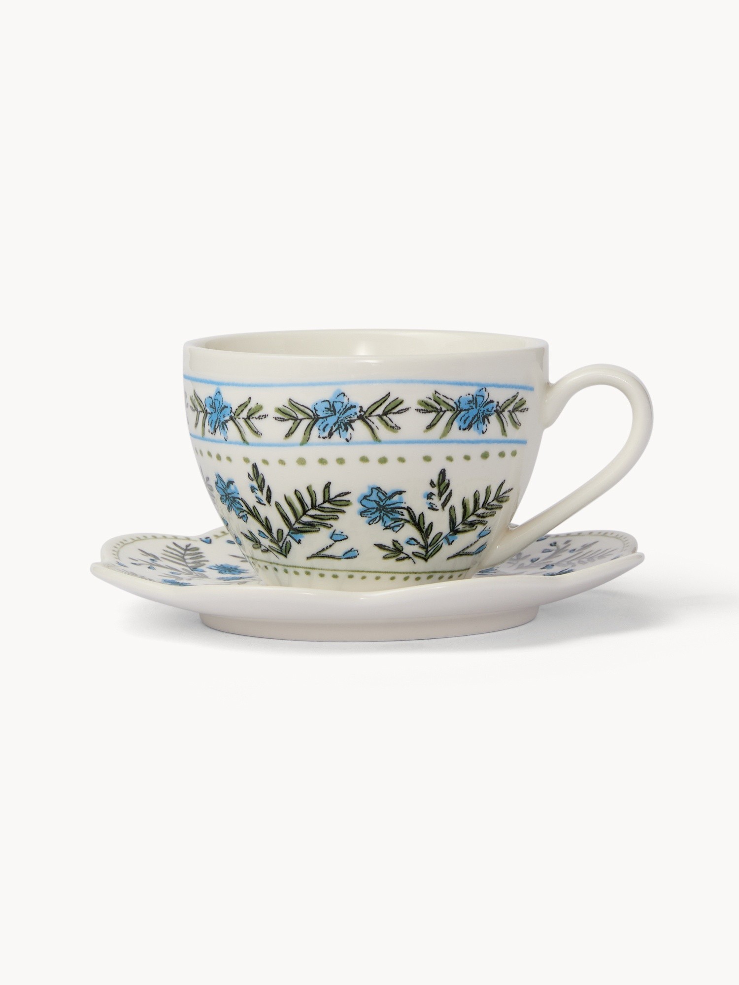 Tazza t&egrave; in porcellana motivo fiorellini, Bianco/Azzurro, large image number 0