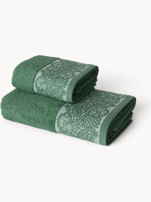 Asciugamano  in spugna di cotone con bordo floreale jacquard  - Prezzo di lancio