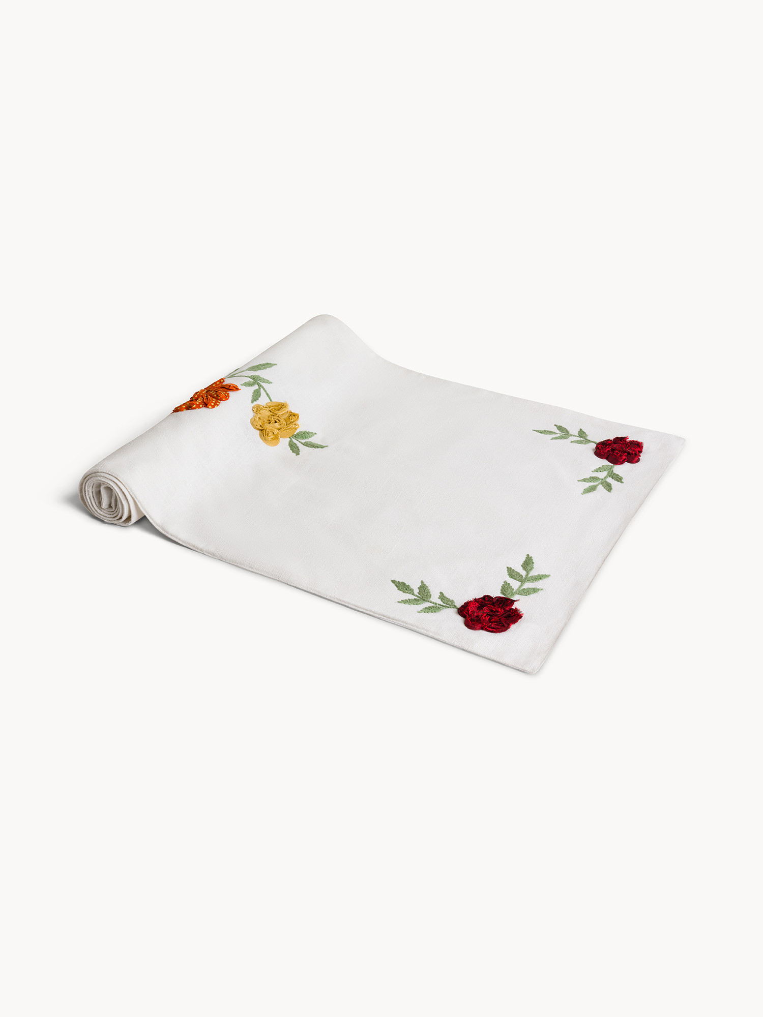 Pure cotton table runner with floral embroidery, White, large image number 0