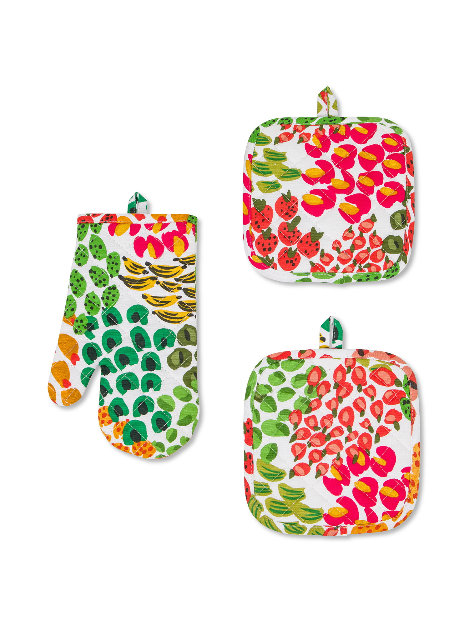 Set of 2 pot holders and fruit print cotton panama kitchen glove, Multicolor, large image number 0