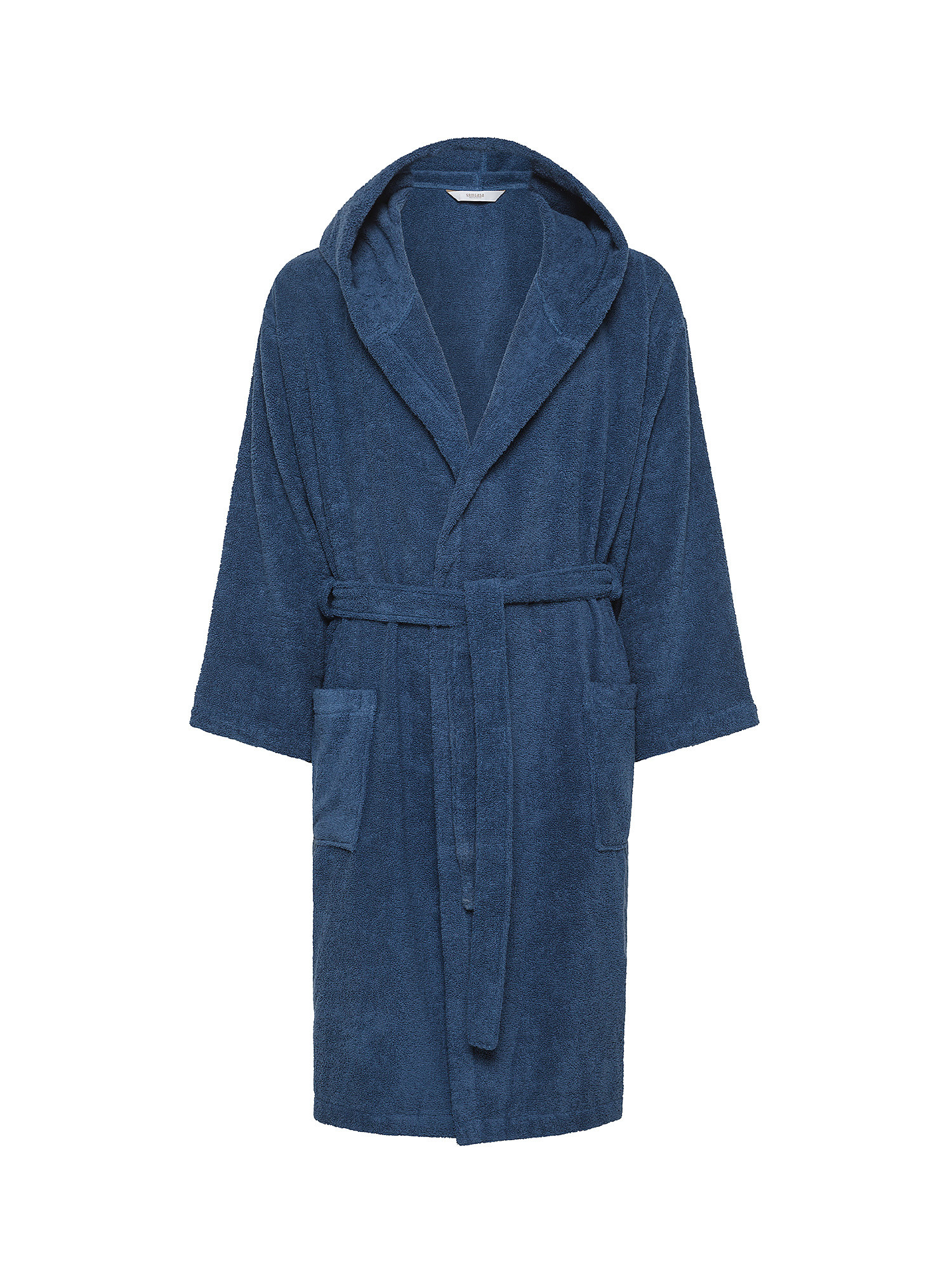 Bathrobe with hood in solid color pure cotton terry, Blue, large image number 0