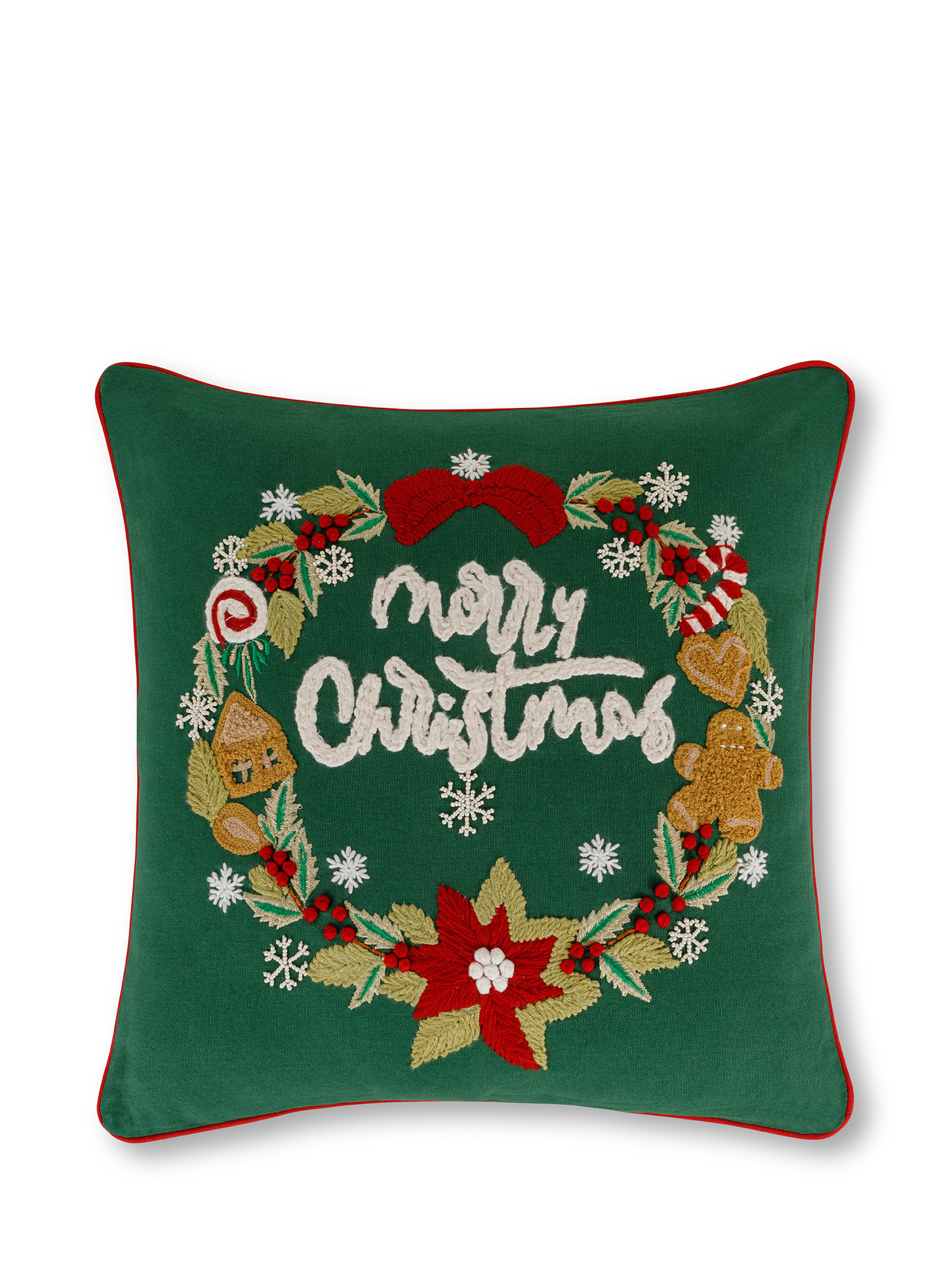 Christmas wreath embroidered cushion 45x45 cm, Green, large image number 0