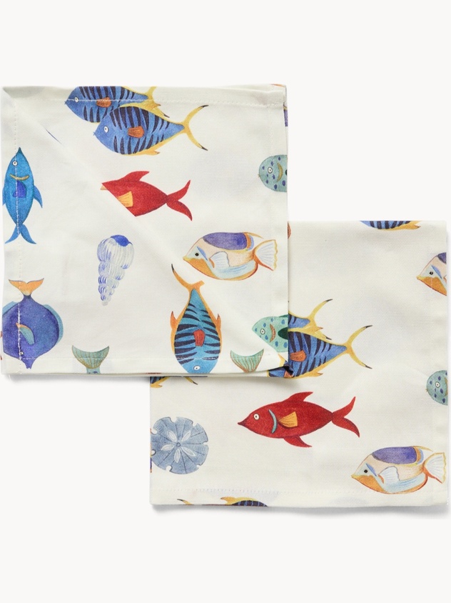 Set 2 tovaglioli in twill di cotone con stampa fondale marino