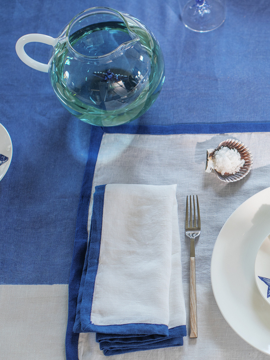 Set of 2 pure washed linen napkins with contrasting edge, Blue, large image number 1