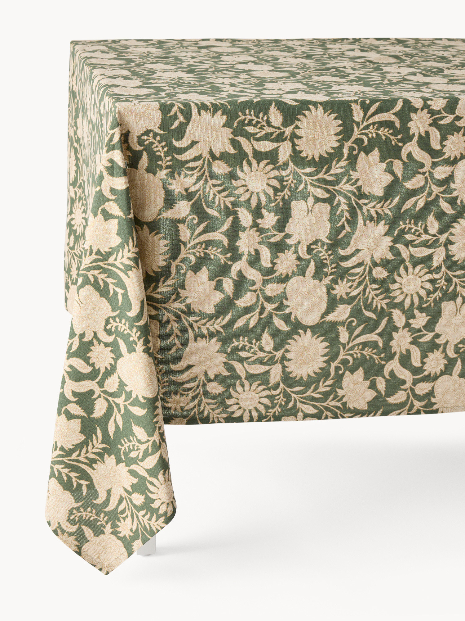 Pure cotton tablecloth with hand-printed pattern and gold details, Green, large image number 0