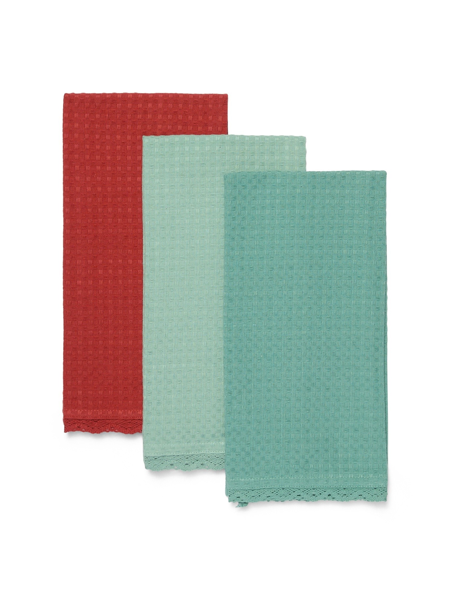 Set of 3 pure cotton tea towels with honeycomb weave and lace appliqu&eacute; - Discounted Price, Light Blue, large image number 0