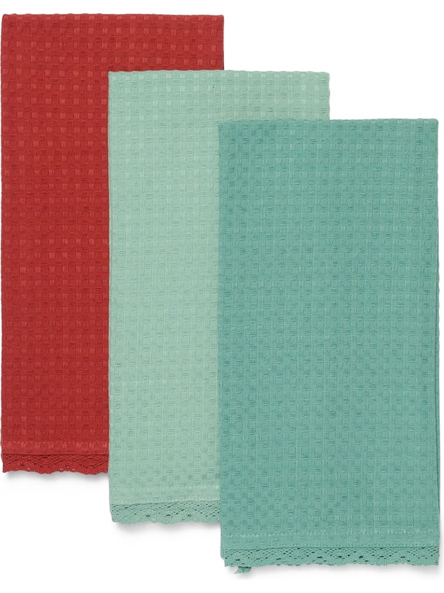 Set of 3 pure cotton tea towels with honeycomb weave and lace appliqu&eacute; - Discounted Price