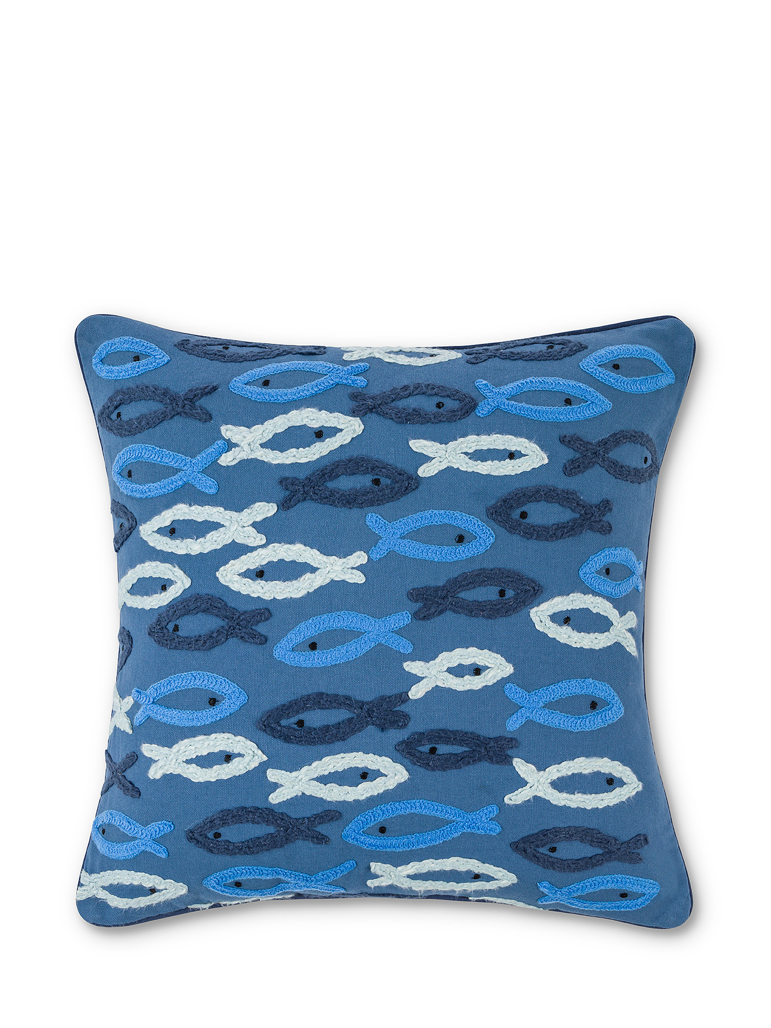 Cotton cushion with fish embroidery 45x45cm, Blue, large image number 0