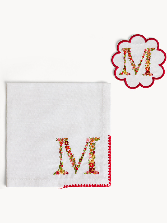 Napkin and coaster set with embroidered letter M