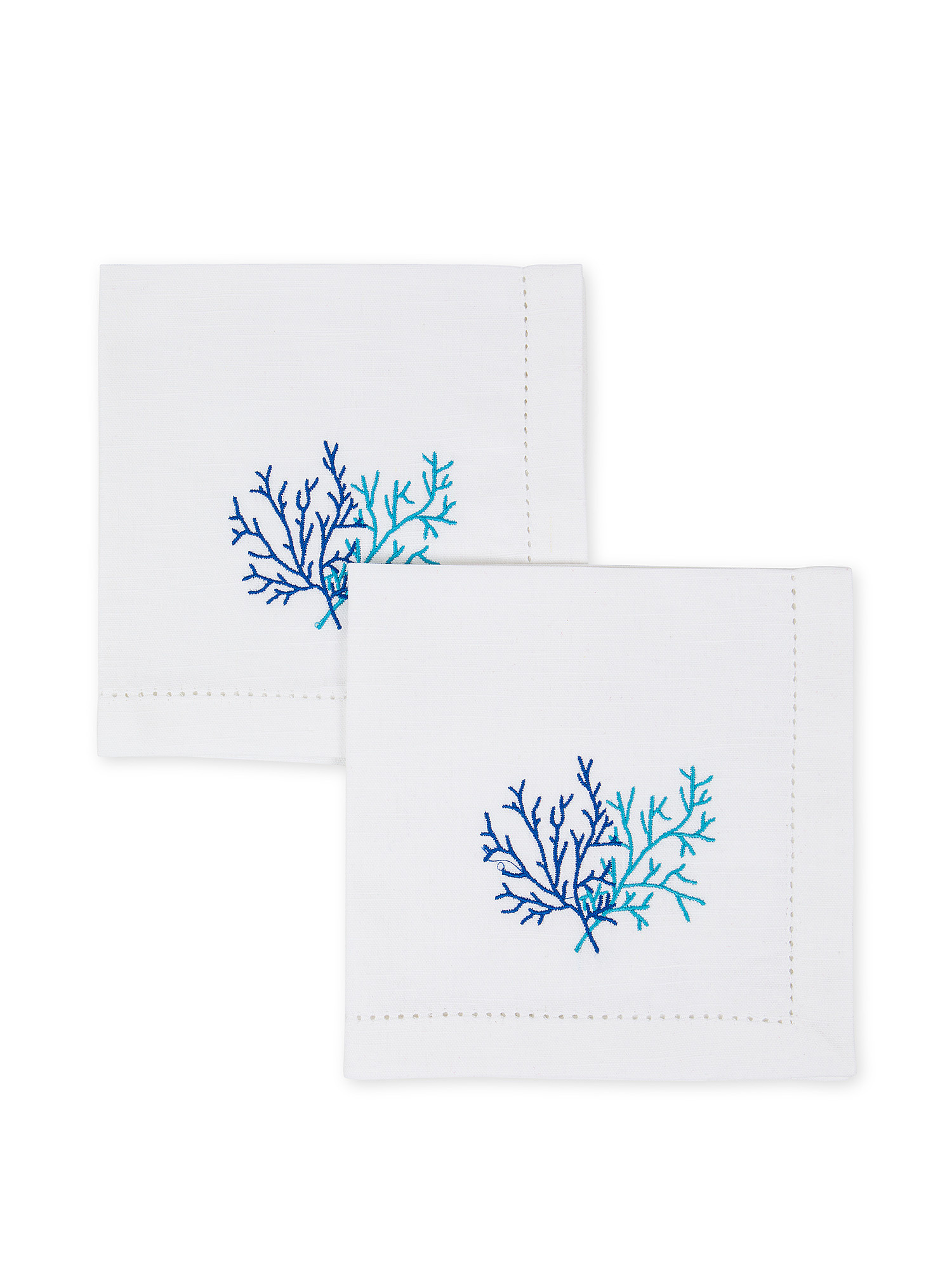 Set of 2 napkins in pure slub cotton with ajour hem and coral embroidery., White / Blue, large image number 0