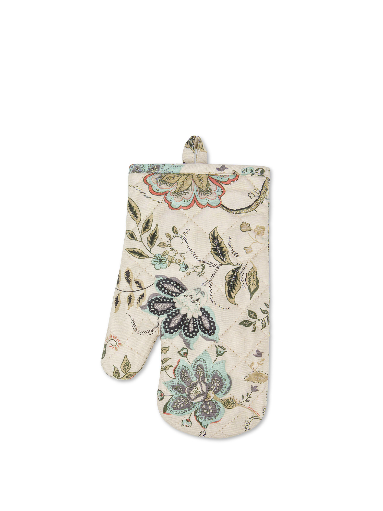 Guanto da cucina panama di cotone stampa a fiori, Beige, large image number 0