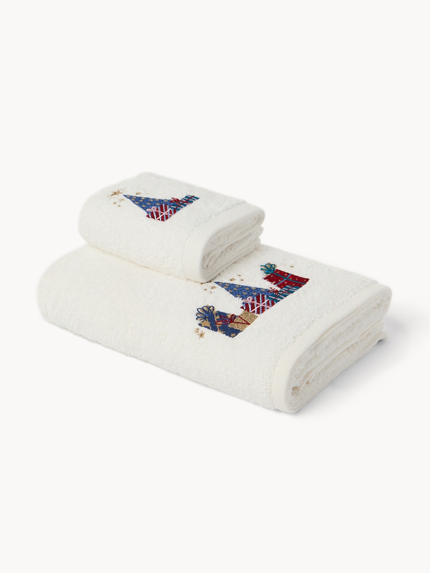 Set 2 asciugamani in spugna di cotone con ricamo regali, Bianco, large image number 0